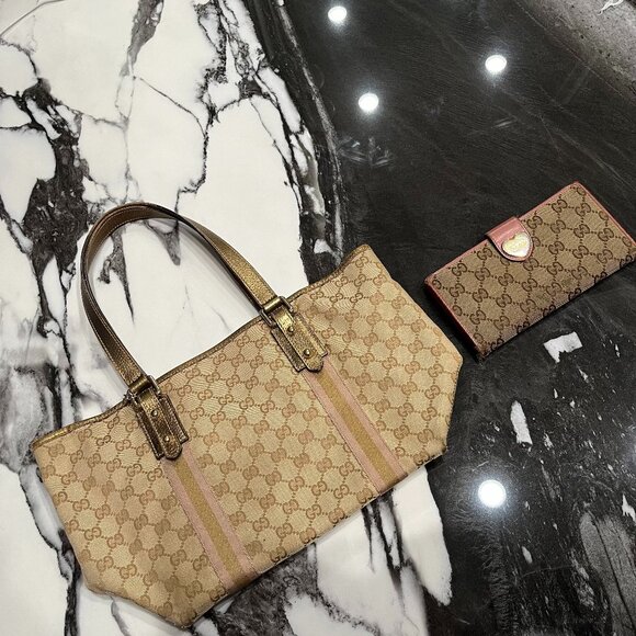 Gucci Purse + Wallet Set: Monogram Jolicoeur Pink Gold Tote & Heart Clasp Wallet - Picture 16 of 16